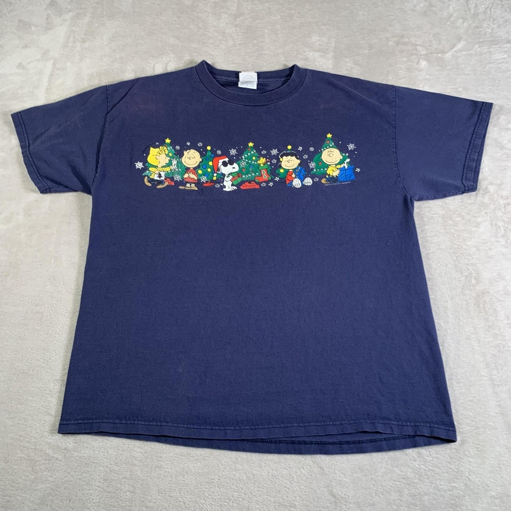 Vintage Peanuts Shirt Mens Large Blue Christmas Graphic Snoopy Charlie Brown 90s